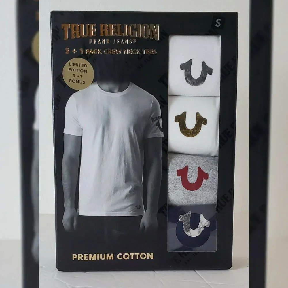 TRUE RELIGION LOUNGEWEAR 3 + 1 PACK CREW NECK TEES MEN SZ M METALLIC LOGO W/G/B - Picture 1 of 8